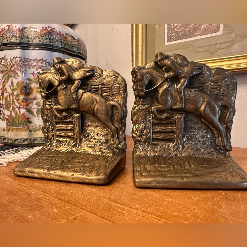Vintage Brass Equestrian Horse & Jockey English Rider / Jumper Bookends - Pair